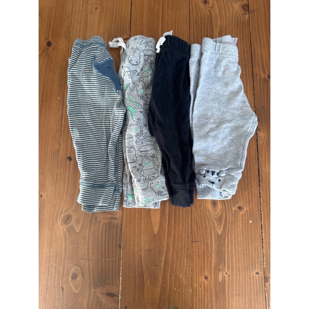Carters Baby 6m Pants Lot 4 Striped Dinosaur Black Grey Paw Print